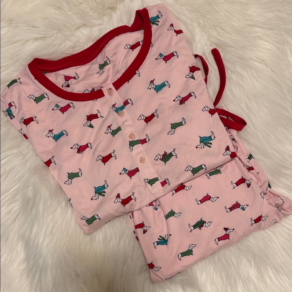 Kate Spade long sleeve holiday Pink Pajamas with Dachshund Print